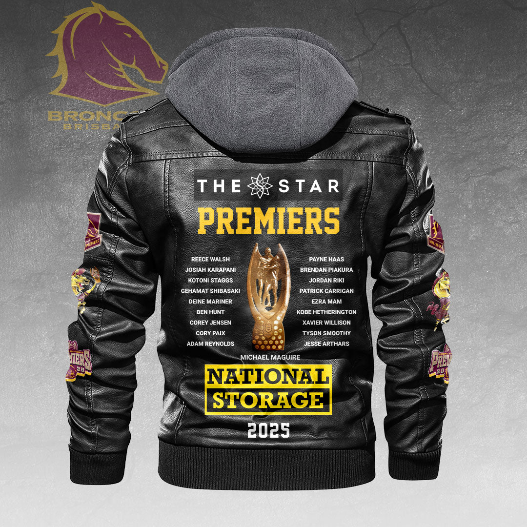 Brisbane Broncos 2025 NRL Premiers 2D Leather Hooded Jacket – HOATT14068