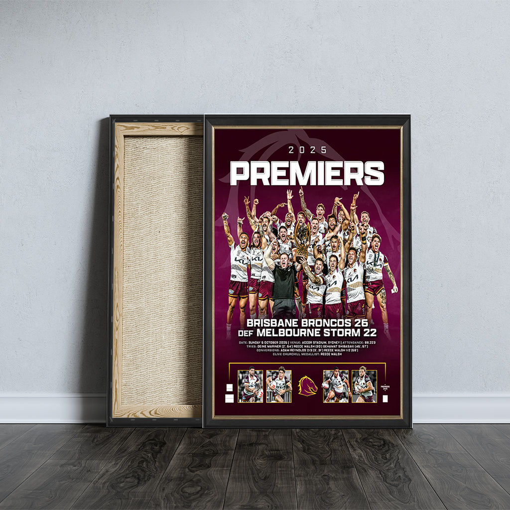 Brisbane Broncos 2025 NRL Premiers Canvas With Inner Frame – HOATT13946