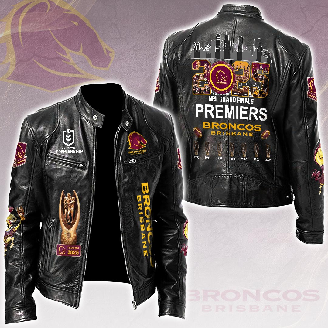 Brisbane Broncos 2025 NRL Premiers Motorcycle Leather Jacket – HOATT14536