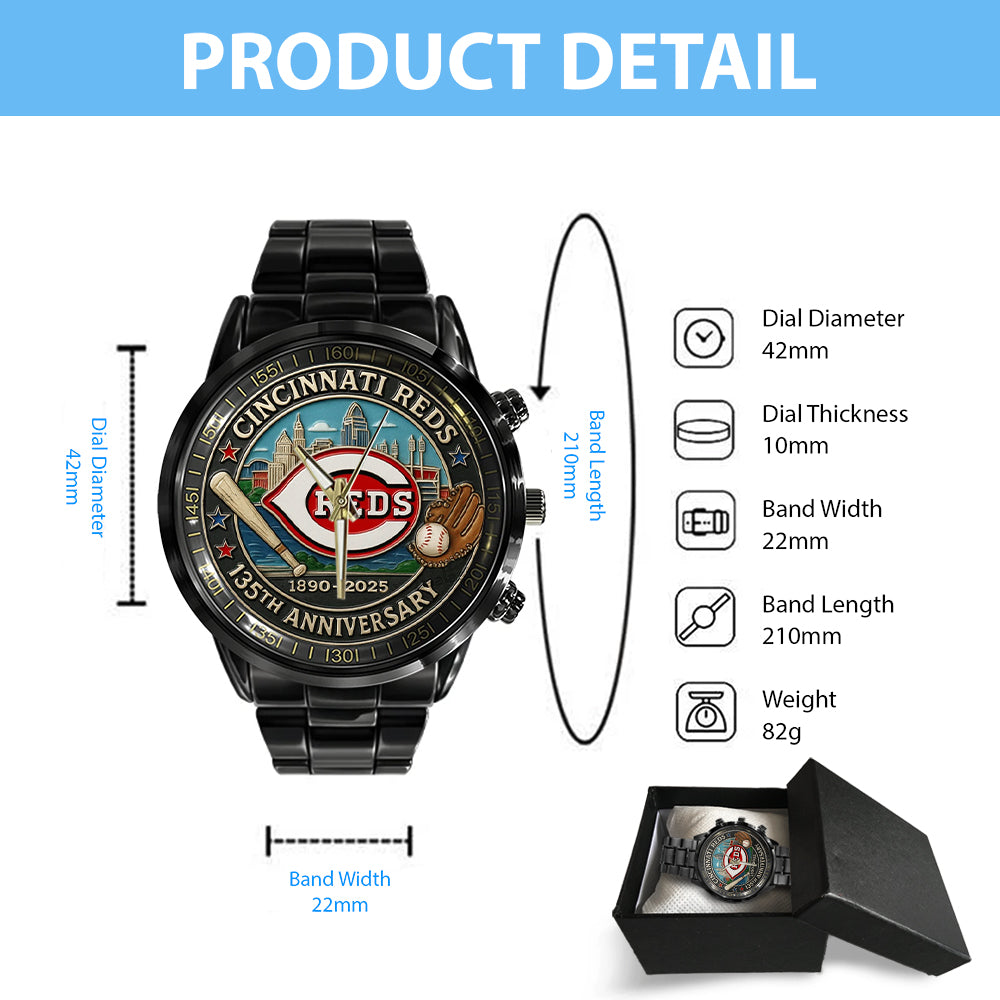 Cincinnati Reds 135th Anniversary 2025 Black Stainless Steel Watch – TANTN17068