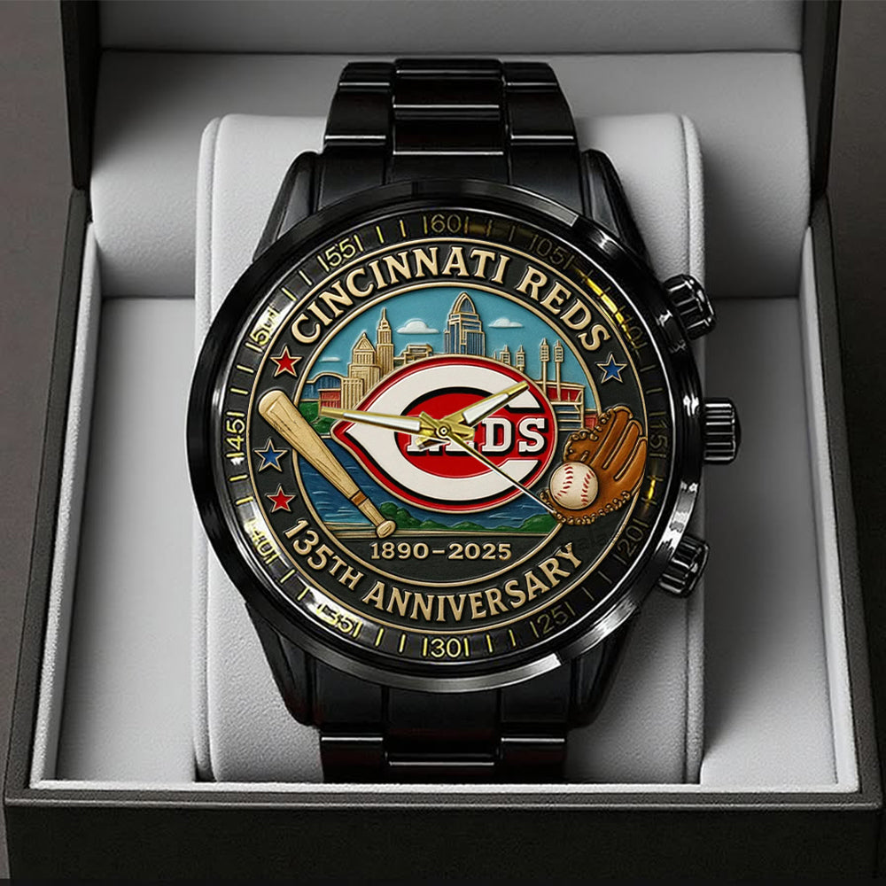 Cincinnati Reds 135th Anniversary 2025 Black Stainless Steel Watch – TANTN17068