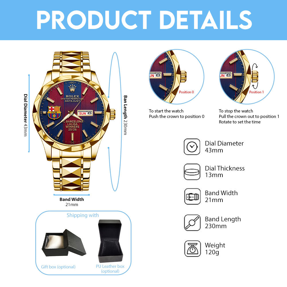 FC Barcelona LaLiga Winners 25/26 x Rolex Alloy Luxury Quartz Watch – TMTHU6038