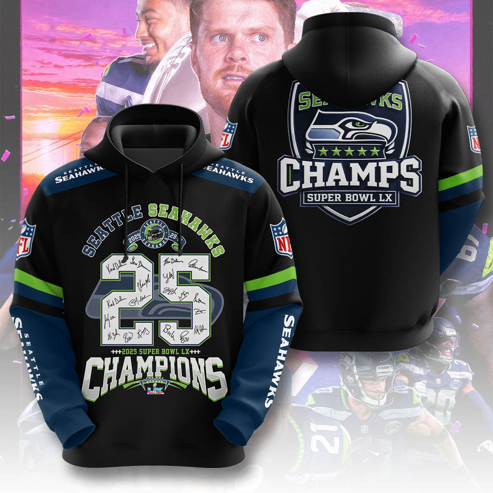 Seattle Seahawks 2025 Super Bowl LX Champions 3D Apparel – TMTHU3875