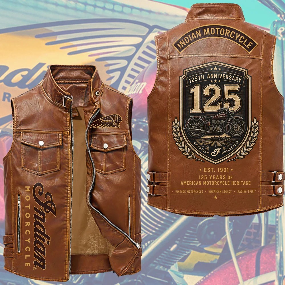 Indian Motorcycle 125th Anniversary Premium 2D Sleeveless Leather Vest – TMTHU8845
