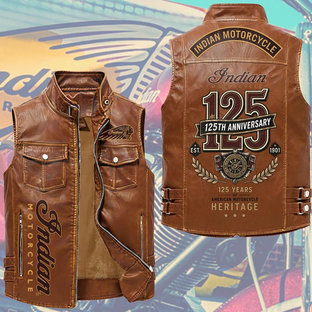 Indian Motorcycle 125th Anniversary Premium 2D Sleeveless Leather Vest – TMTHU8846