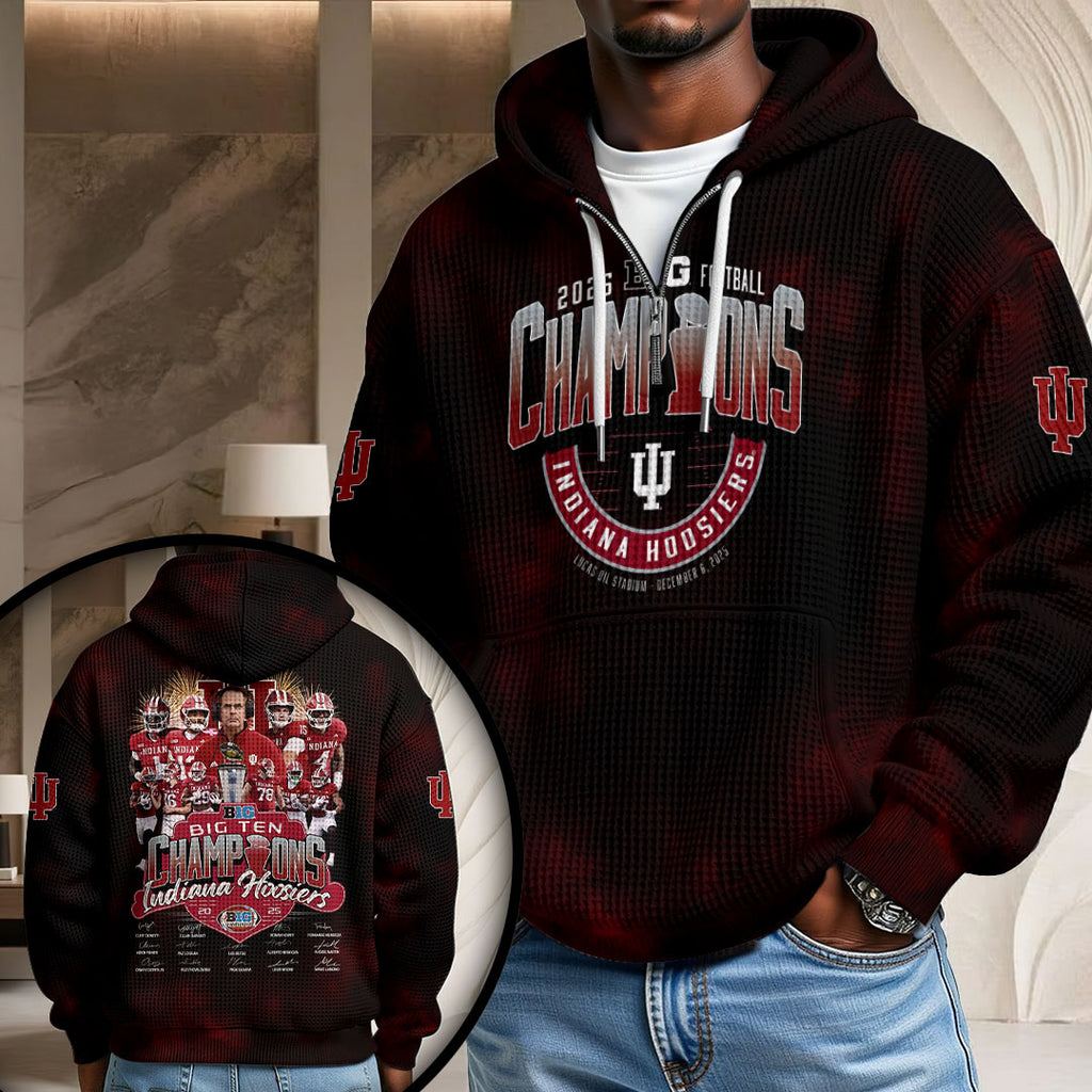 Indiana Hoosiers Football 2025 Big Ten Champions 3D Unisex Waffle Hoodie – TMTHU2635