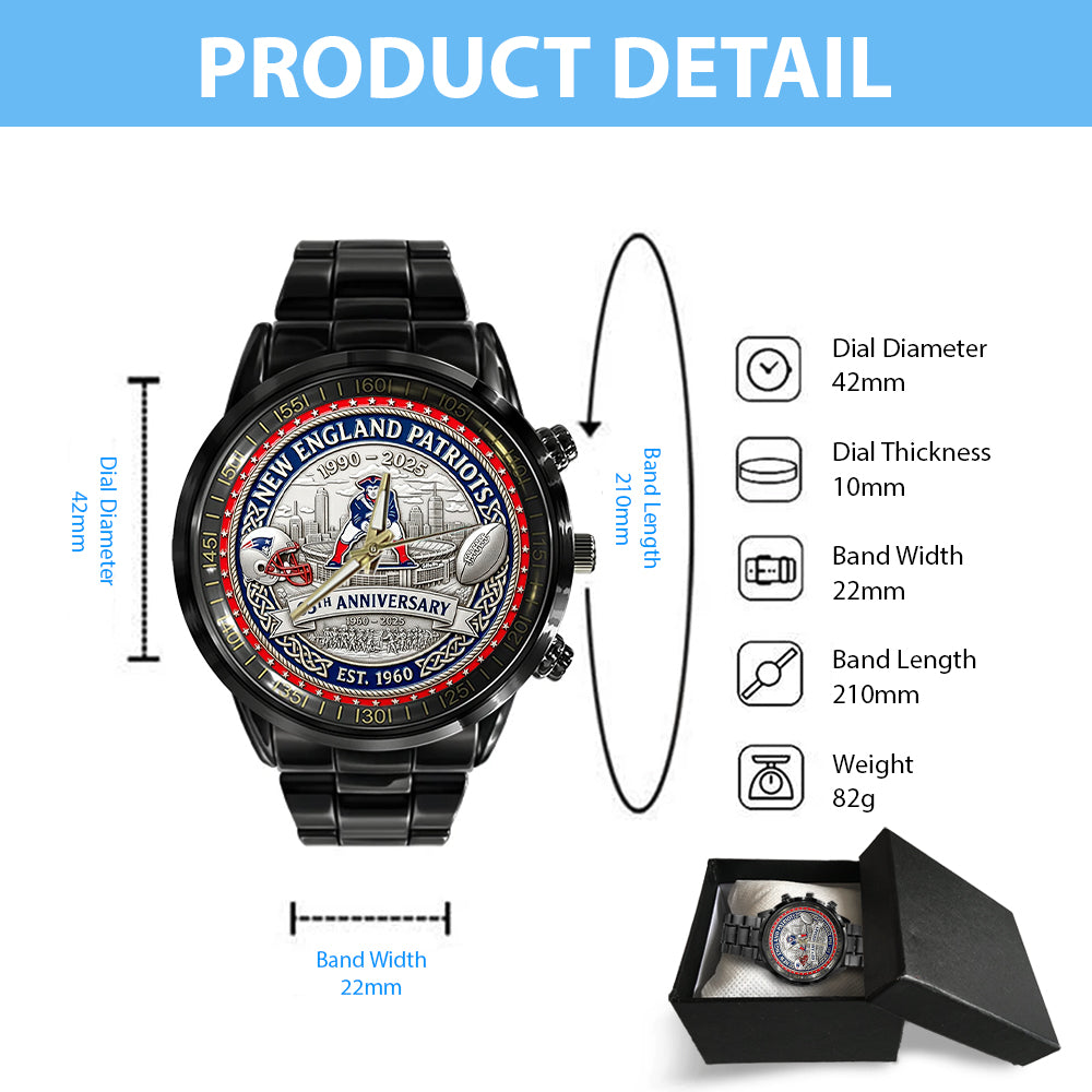 New England Patriots 65th Anniversary 2025 Black Stainless Steel Watch – NGHIAVT6139