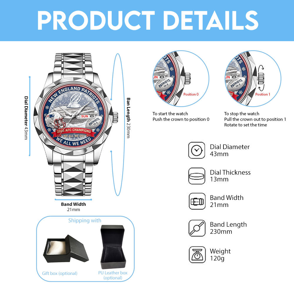 New England Patriots 2025 AFC Champions Alloy Luxury Quartz Watch – MAITM14620