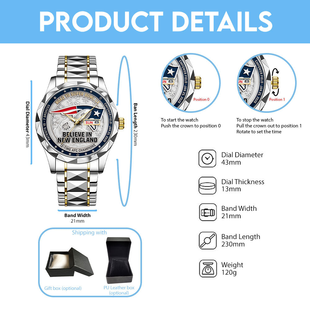 New England Patriots 2025 AFC Champions Alloy Luxury Quartz Watch – TANTN20684