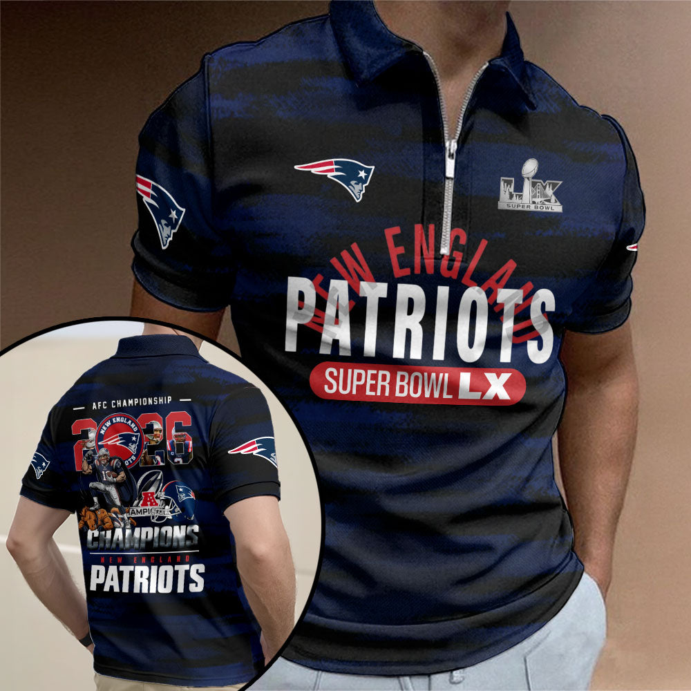 New England Patriots 2025 AFC Champions Zip Polo Shirt – TMTHU3550