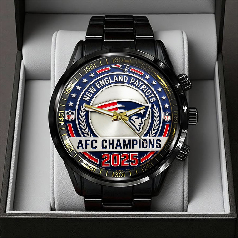 New England Patriots 2025 AFC Champions Black Stainless Steel Watch – TANTN20683