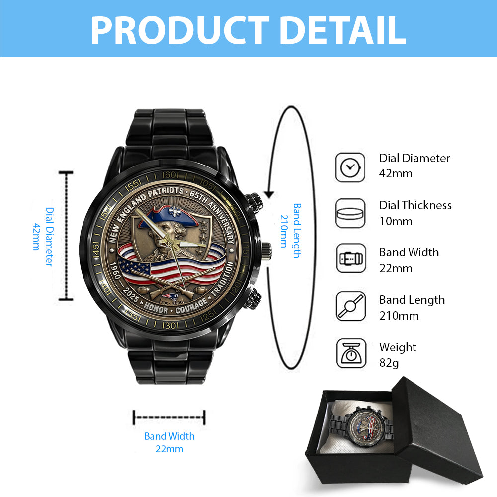 New England Patriots 65th Anniversary 2025 Black Stainless Steel Watch – TMTHU2751