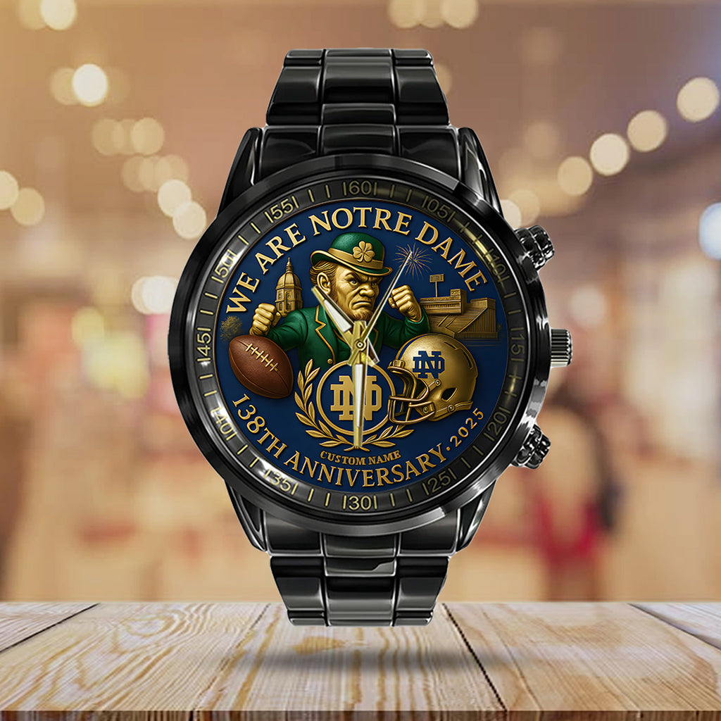 Personalized Notre Dame Fighting Irish Football 138th Anniversary 2025 Black Stainless Steel Watch – TANTN16199