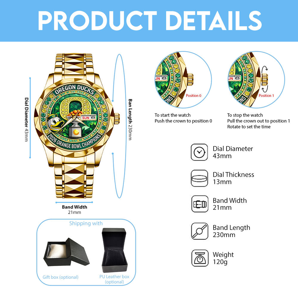 Oregon Ducks Football 2026 Orange Bowl Champions Alloy Luxury Quartz Watch – TMTHU3080