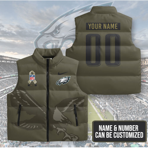 Personalized Philadelphia Eagles x Salute To Service 2025 3D Sleeveless Down Jacket – TMTHU1133