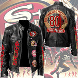 San Francisco 49ers 80th Anniversary Motorcycle Leather Jacket – TMTHU3893