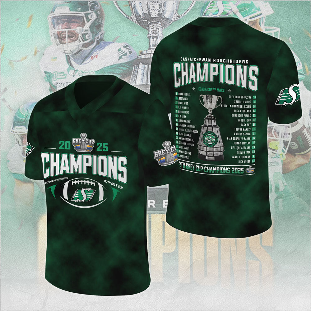 Saskatchewan Roughriders 2025 Grey Cup Champions 3D Football Jersey – MAITM13852