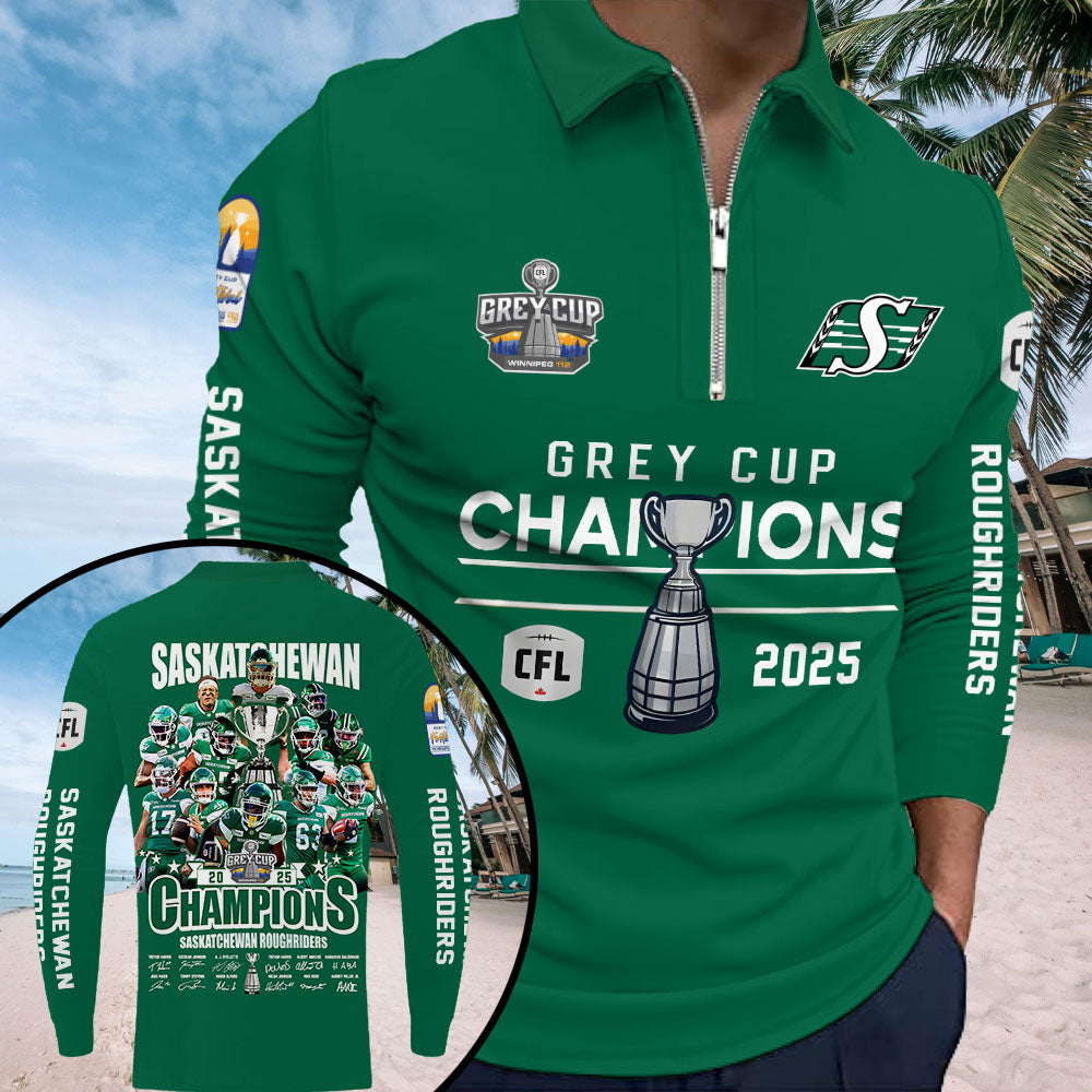 Saskatchewan Roughriders 2025 Grey Cup Champions Zip Polo Shirt – GNENEW761