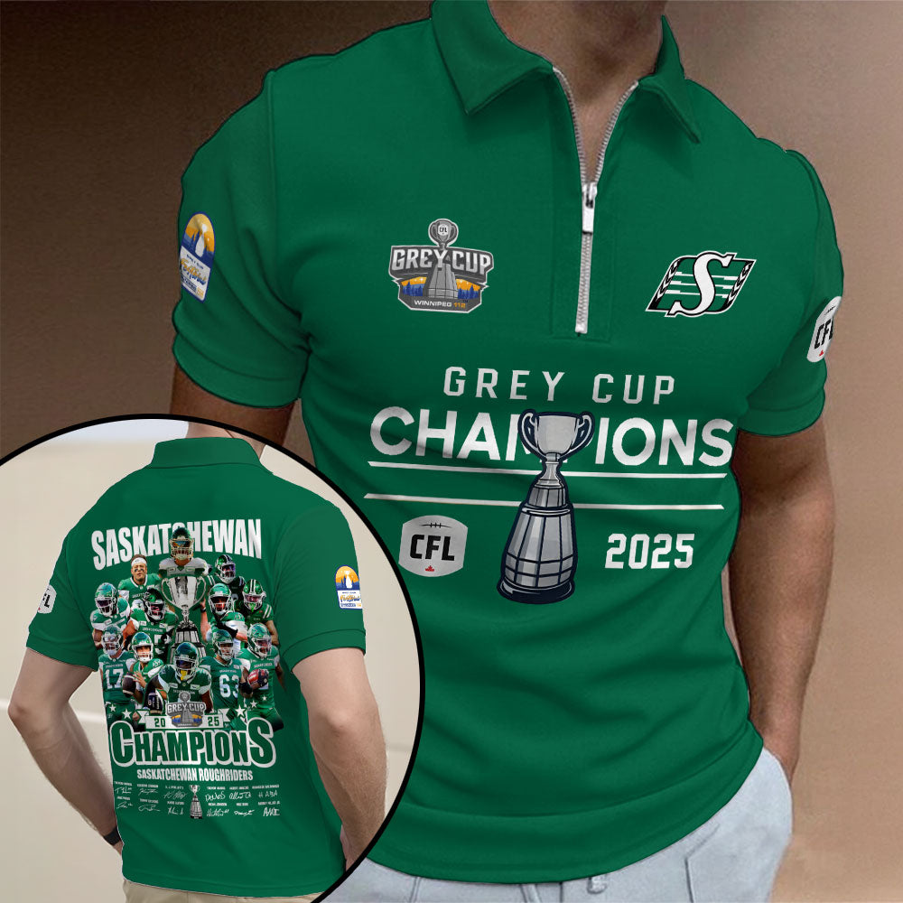 Saskatchewan Roughriders 2025 Grey Cup Champions Zip Polo Shirt – GNENEW761