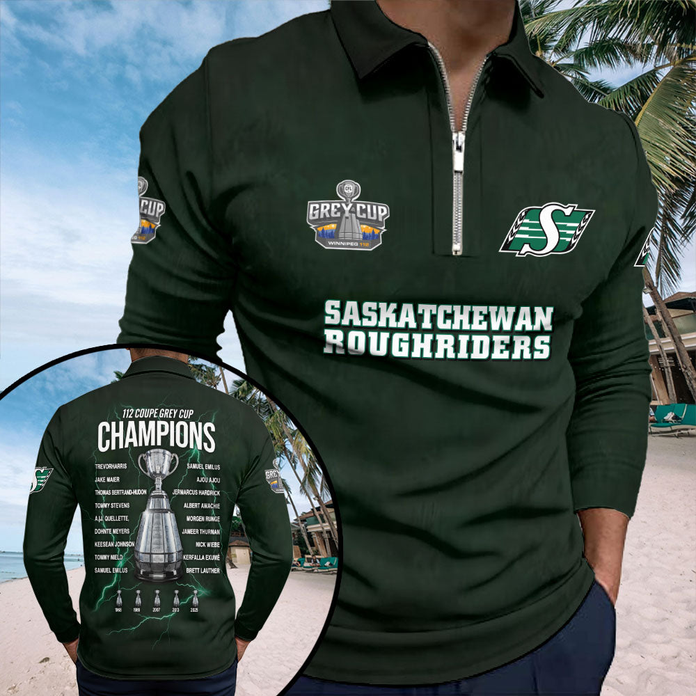 Saskatchewan Roughriders 2025 Grey Cup Champions Zip Polo Shirt – TMTHU2409