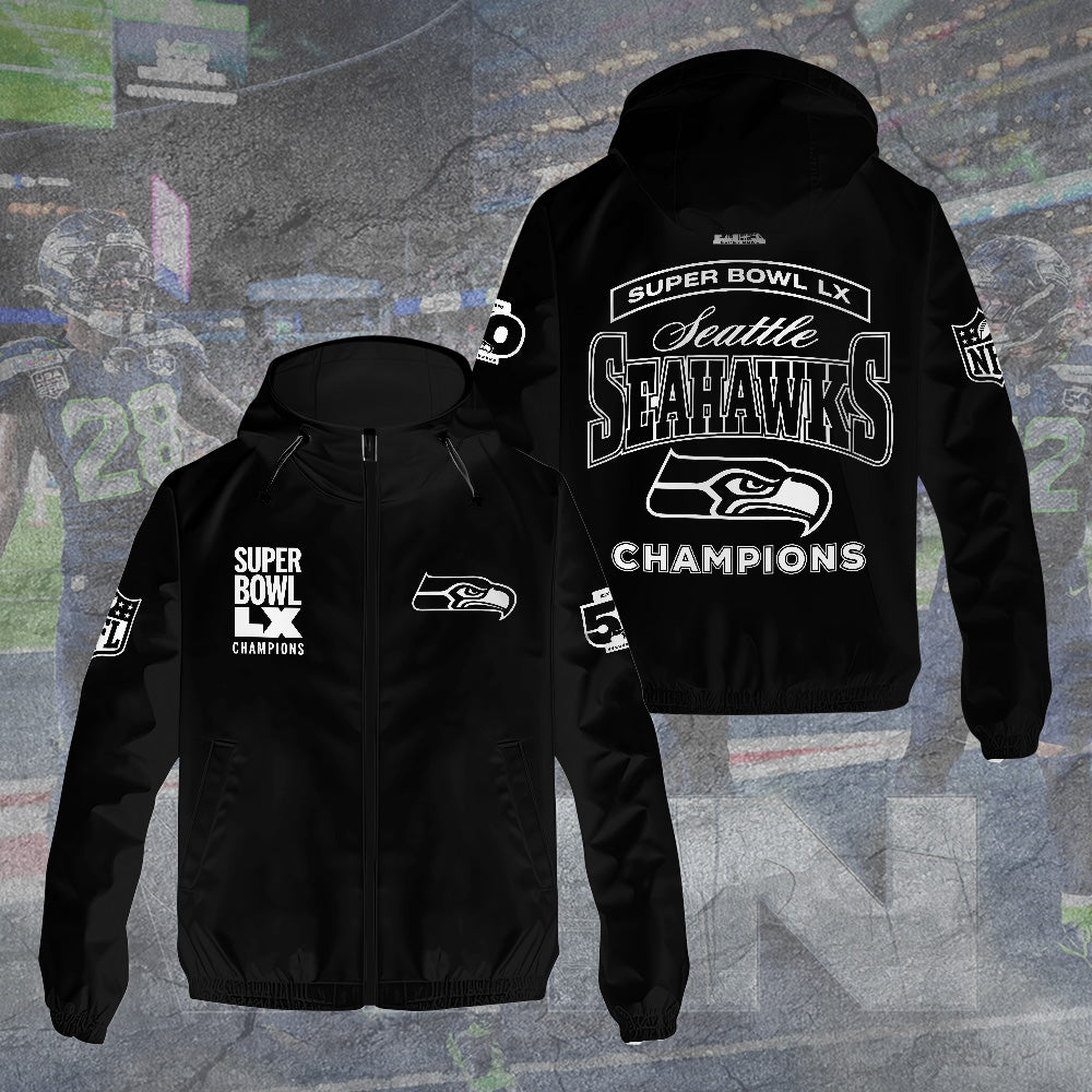 Seattle Seahawks 2025 Super Bowl LX Champions 3D Windbreaker Jacket – GNE5046
