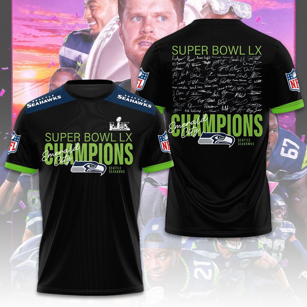 Seattle Seahawks 2025 Super Bowl LX Champions 3D Apparel – TMTHU3878