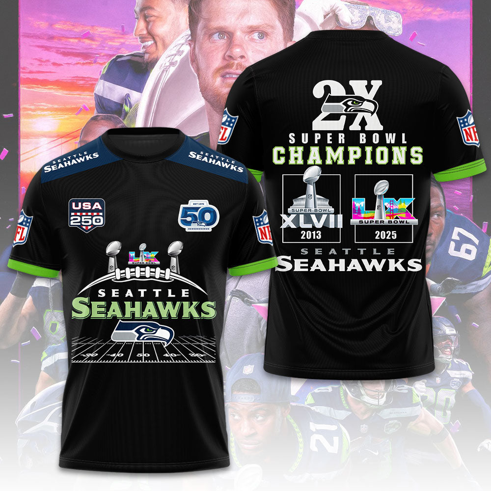 Seattle Seahawks 2x Super Bowl Champions 3D Apparel – TMTHU3935