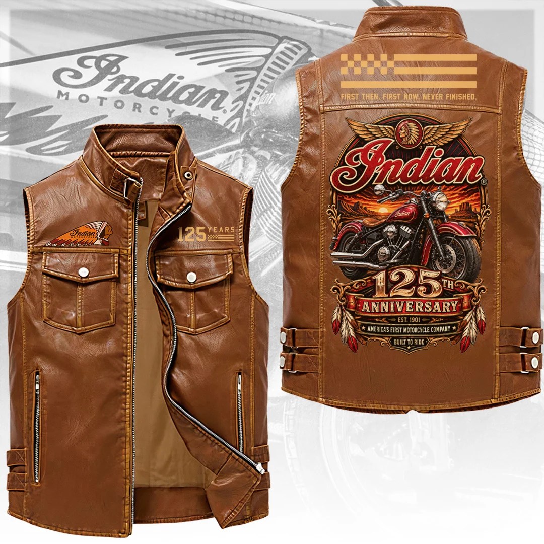 Indian Motorcycle 125th Anniversary 2026 Premium 2D Sleeveless Leather Vest – TANTN26218