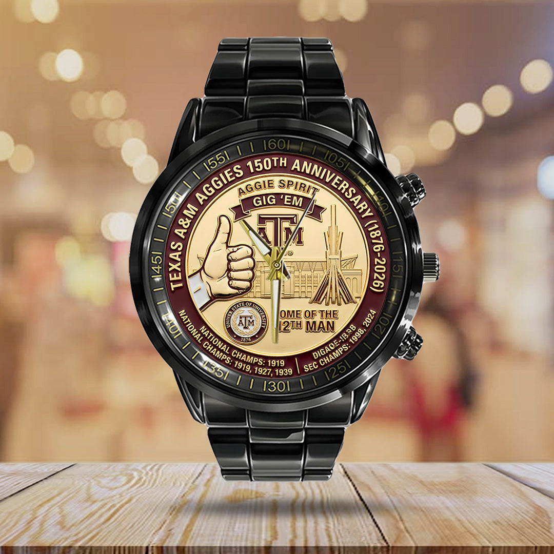 Texas A&M Aggies Football 150th Anniversary 2026 Black Stainless Steel Watch – TANTN21315