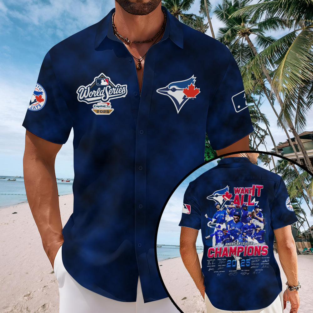 Toronto Blue Jays 2025 American League Champions Short Sleeve Button-Down Shirt – MAITM13823