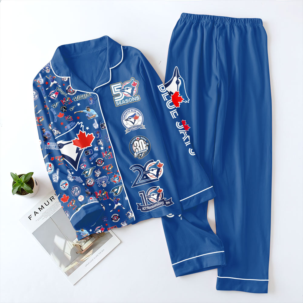 Toronto Blue Jays 50th Anniversary Satin Pajama Set with Piping – TANTN22276