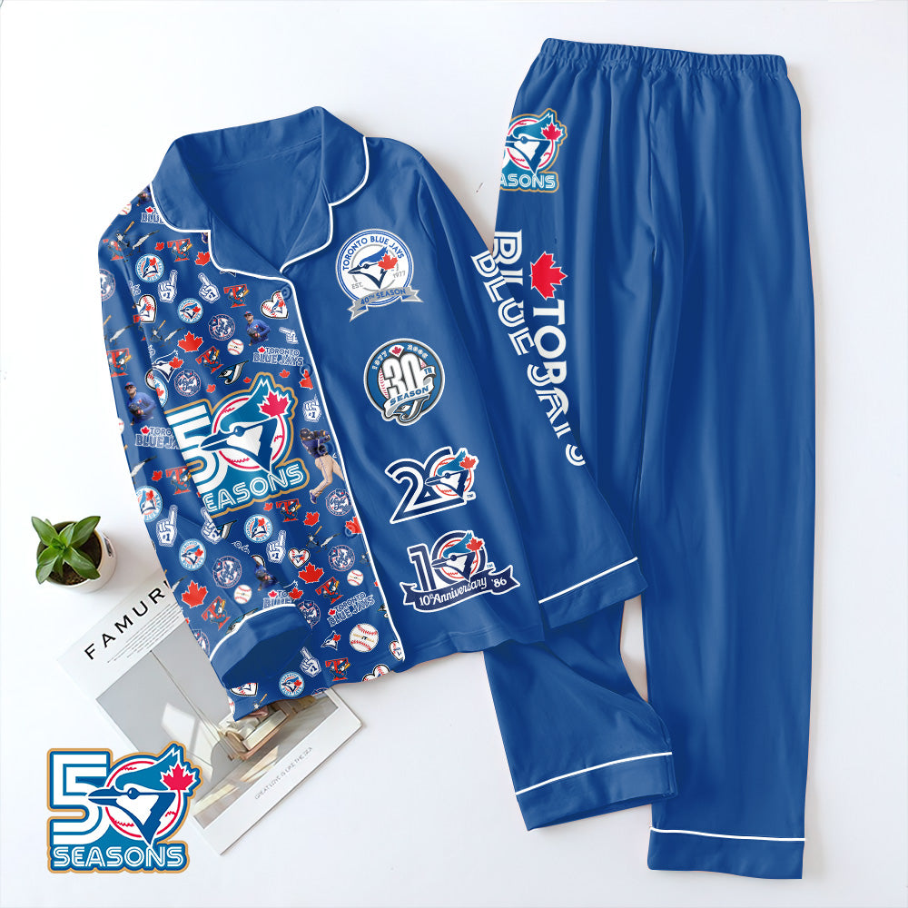 Toronto Blue Jays 50th Anniversary Satin Pajama Set with Piping – GNE4931