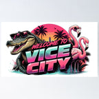 Welcome To Vice City Neon Synthwave Crocodile & Flamingos Retro Art Poster