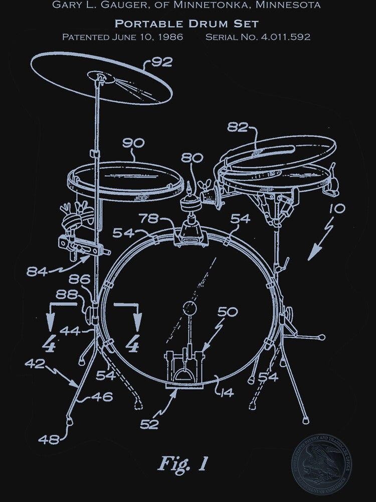 Music - U S Patent Retro Blueprint - Portable Drumkit Shirt