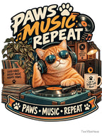 Paws Music Repeat Music Lover Cat Retro Vinyl Cat Design Shirt