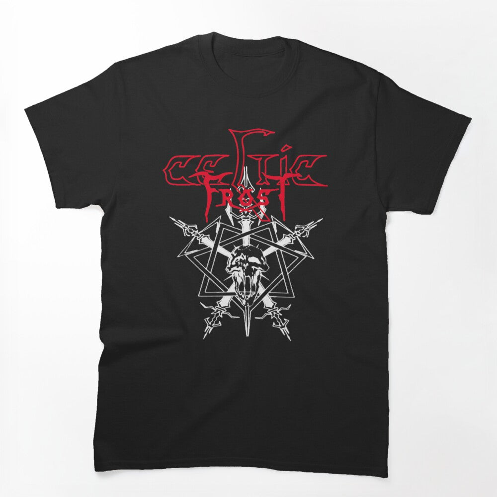 Skull Overlapping Star Symbol With Red Font Header Shirt