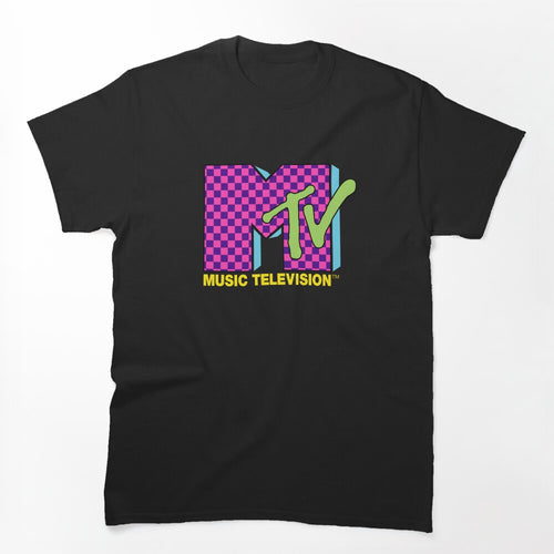 MTV Music Television Retro 80's Neon Pink Checkerboard Logo Shirt