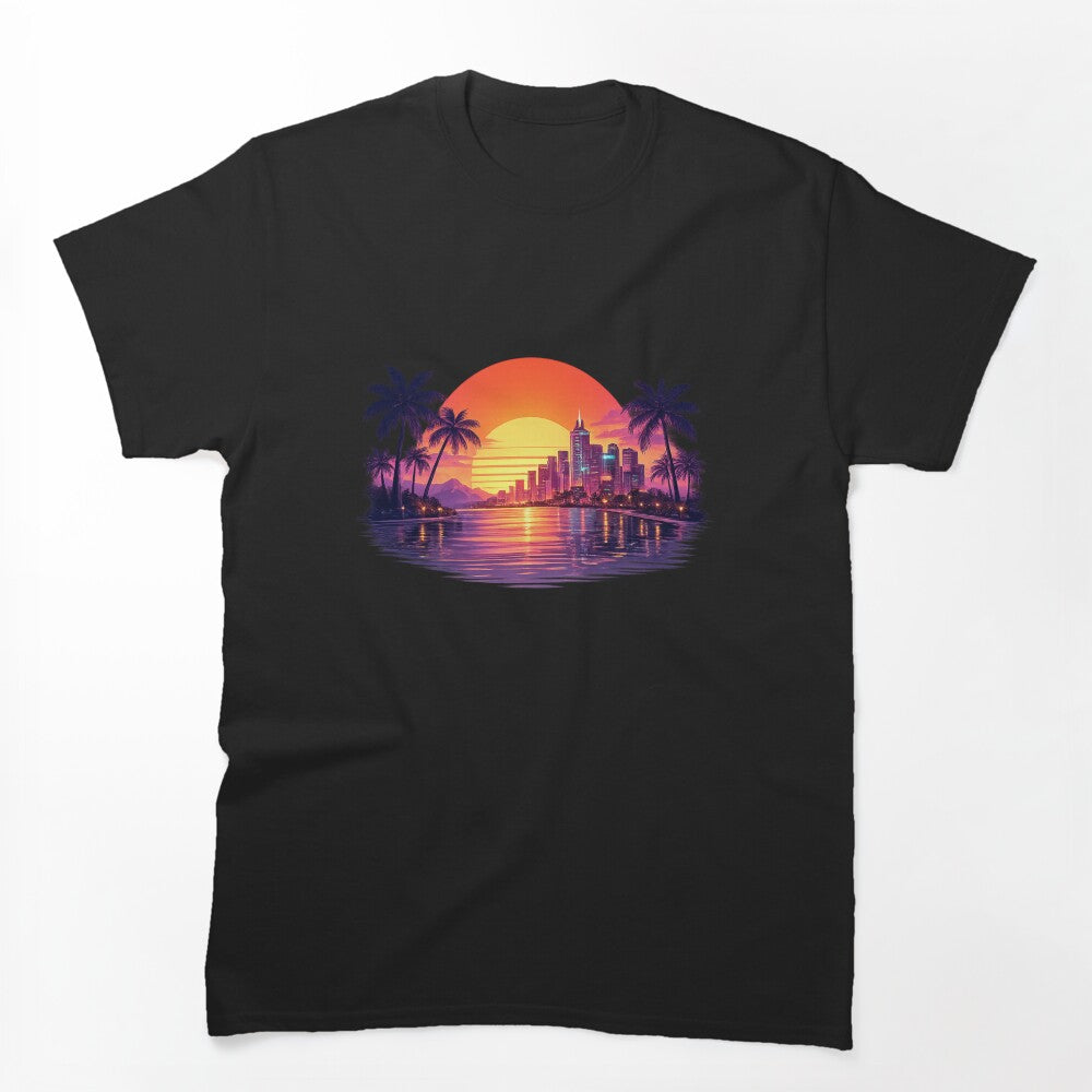 Retro Tropical Skyline Sunset Synthwave Vaporwave Palm Trees Vector Shirt