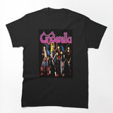 Long-Haired Rock Musicians Posing Under Purple Script Band Shirt