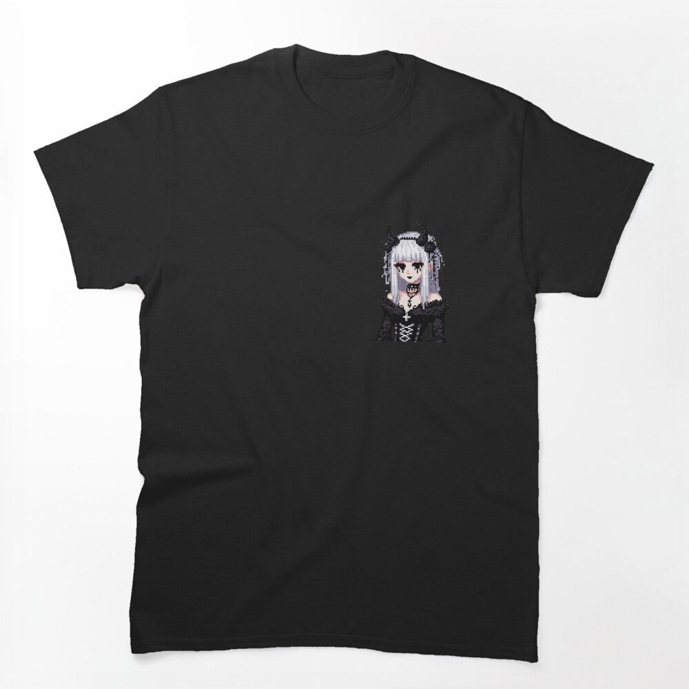 White Haired Goth Girl With Horns Pixelart Shirt