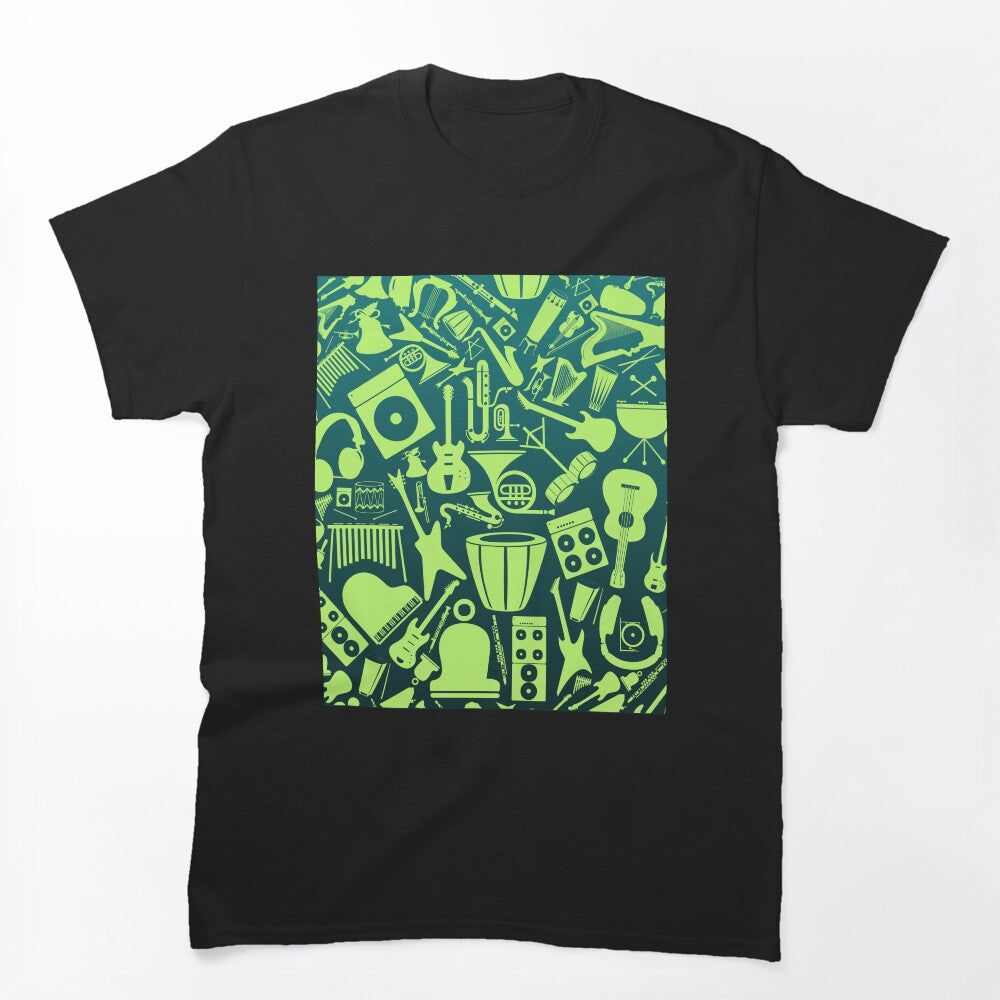 Lime Green On Green Gradient Musical Instrument Collage Shirt