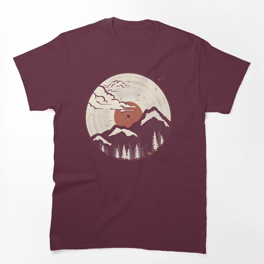 Retro Vinyl Record Mountain Sunset Forest Shirt