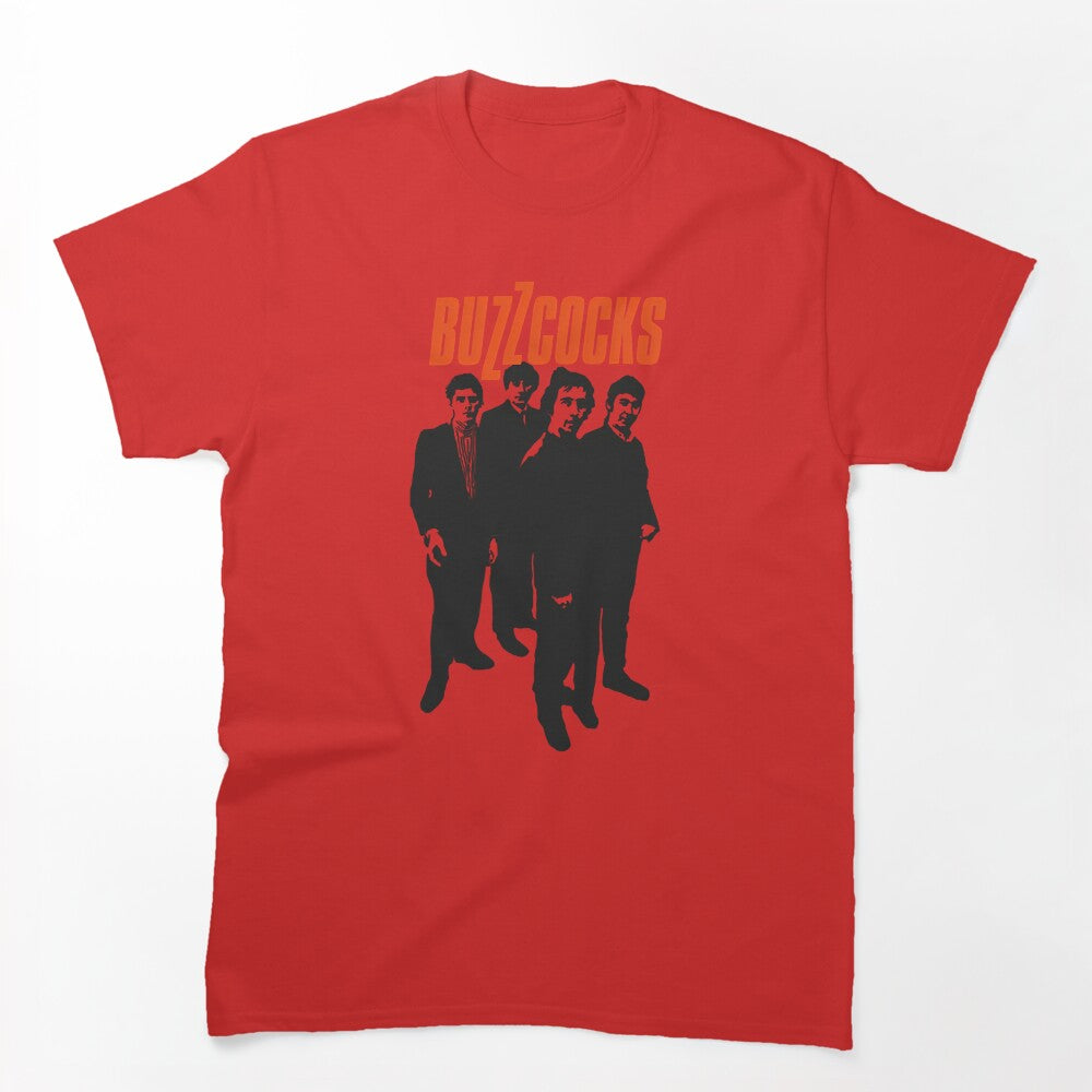 Four Silhouette Figures Standing Bright Orange Shirt
